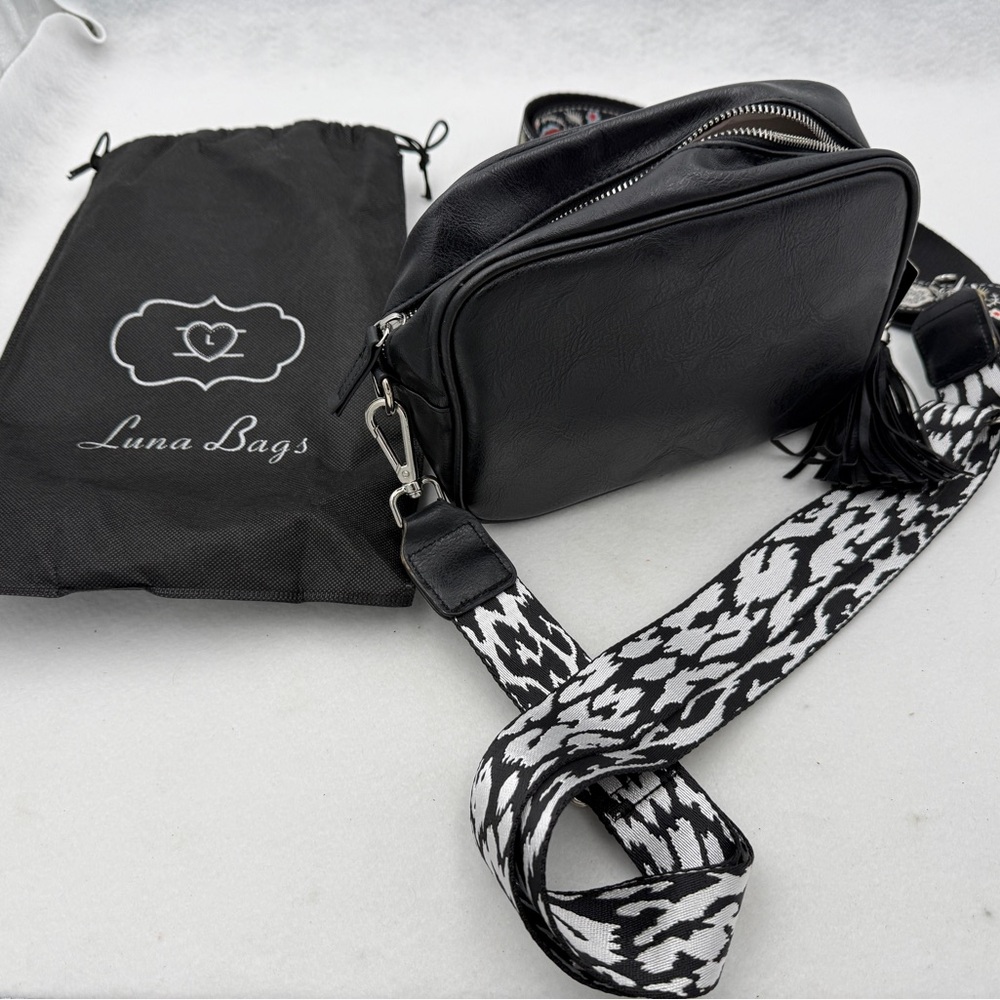 Luna Bags Black Crossbody Bag with Patterned Strap